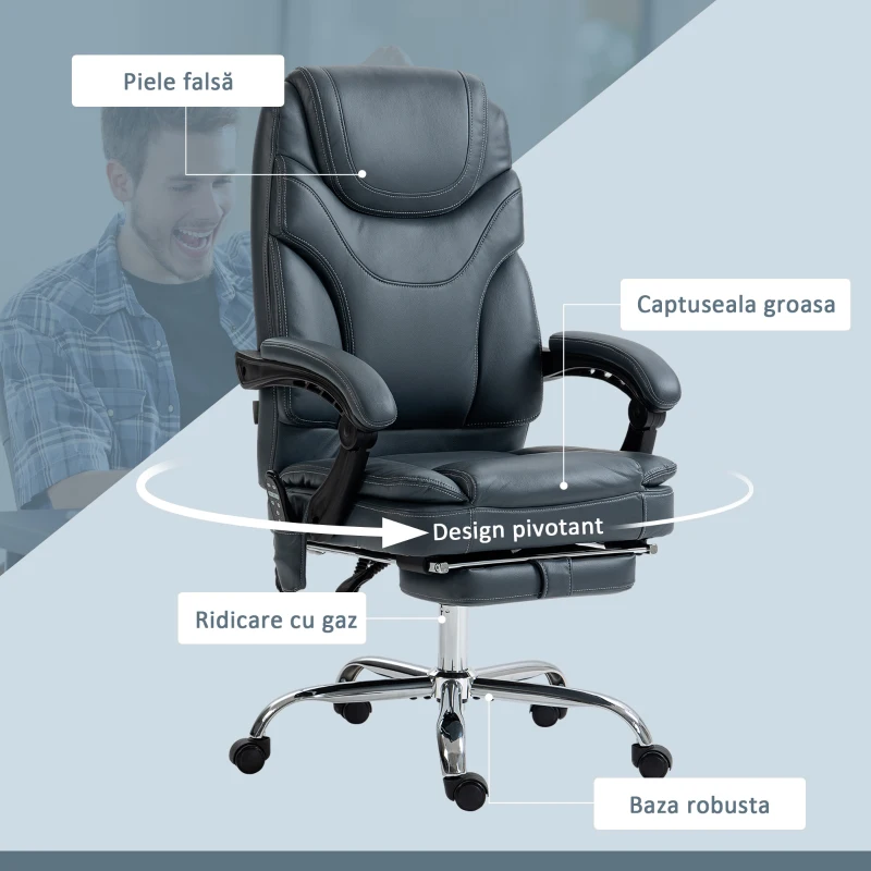 Vinsetto Scaun de Birou cu Masaj, Încălzire, Înălțime Reglabilă și Suport pentru Picioare, 67x67x113-121 cm, Gri(m-7)