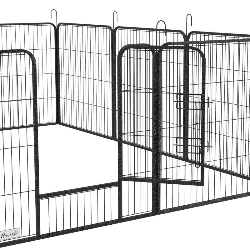 PawHut Puppyren, Huisdierenverblijf, 12 Panelen elk 80x80 cm, 2 Deuren, Stalen Frame, Grijs(m-9)