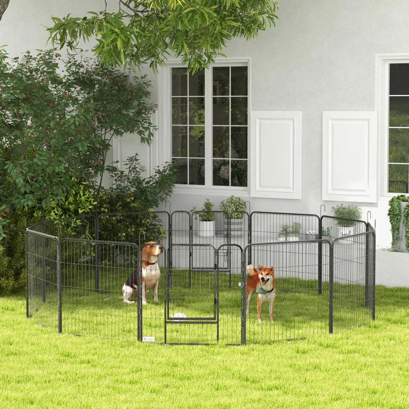 PawHut Puppyren, Huisdierenverblijf, 12 Panelen elk 80x80 cm, 2 Deuren, Stalen Frame, Grijs(m-2)