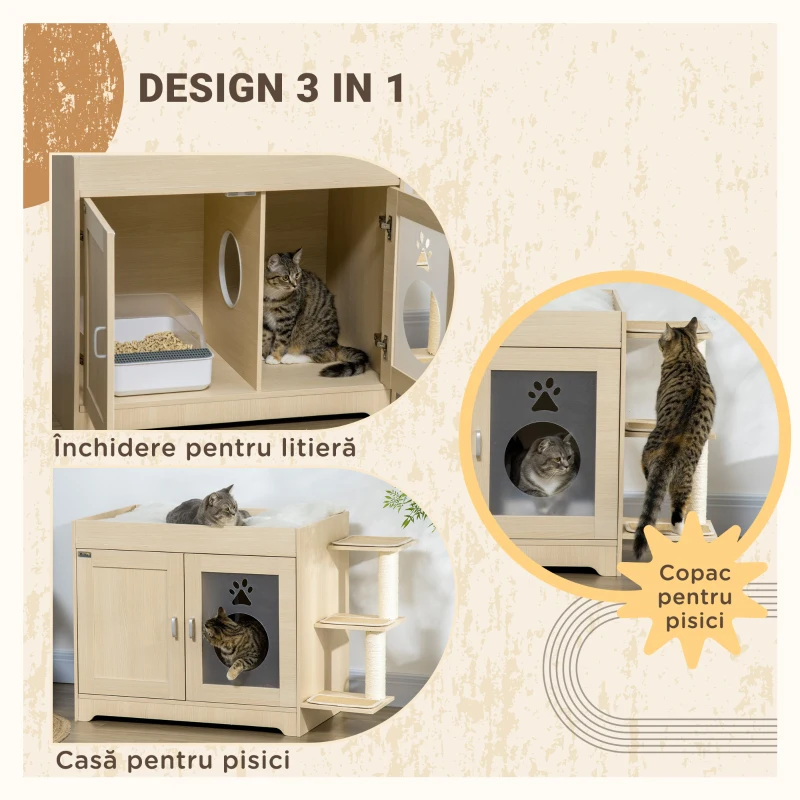 PawHut Dulap pentru Litieră cu 2 Uși, Spațiu de Depozitare și Țepi pentru Zgârâiat, 107x54x70 cm, Lemna Natural