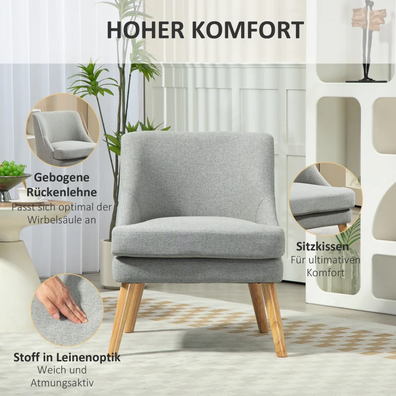 HOMCOM Gepolsterde Loungefauteuil in Linnenlook, Armsteun, Houten Poten, voor Woonkamer, Slaapkamer, Lichtgrijs