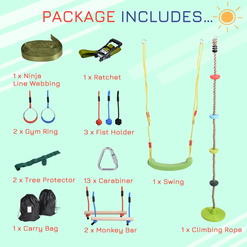 Outsunny Obstacle Course for Kids 46FT Slackline Kit with Rings Monkey Bars Fist Swing Climbing Rope Carry Bag Tree Protectors Training Equipment for Backyard