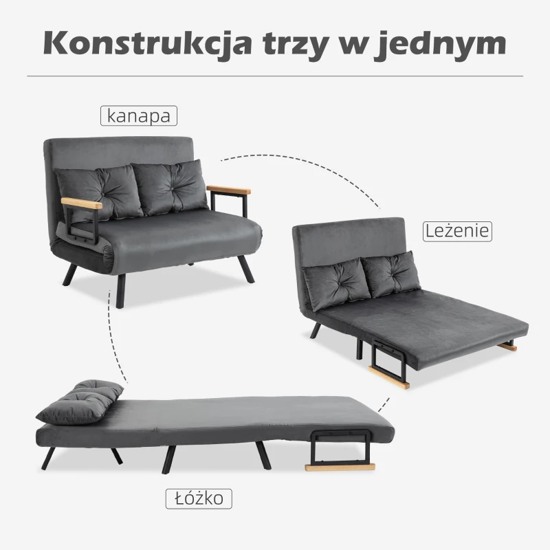 HOMCOM Dwuosobowa rozkładana sofa Regulowane oparcie Stal Ciemnoszary