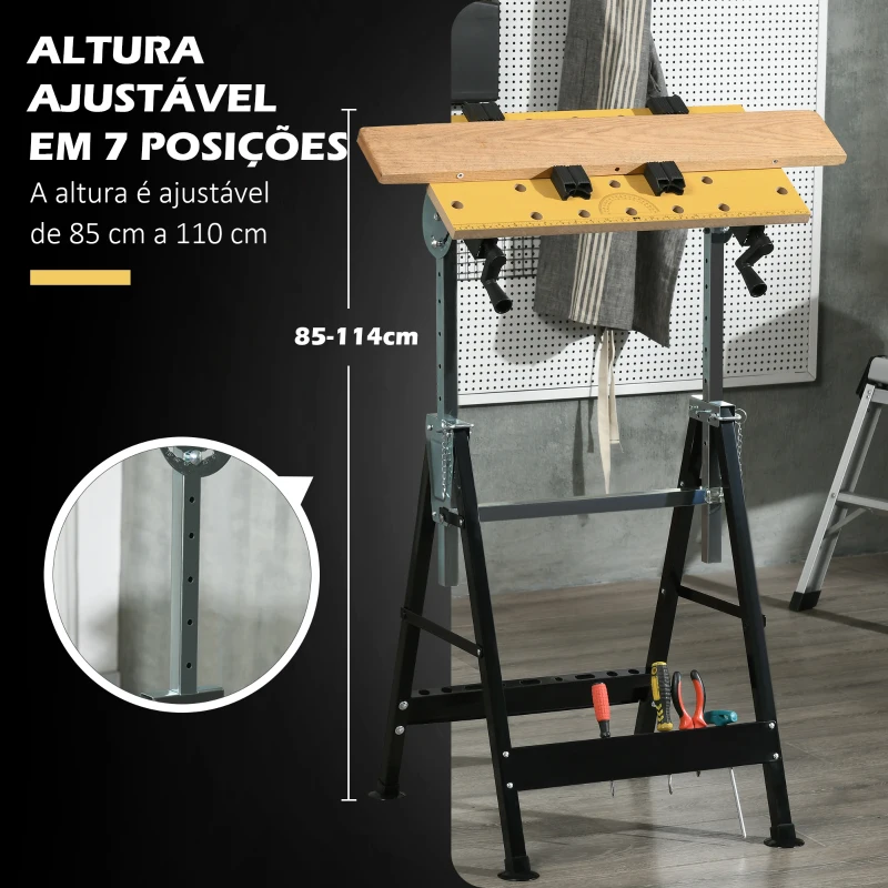 HOMCOM Bancada de trabalho ajustável em altura com 4 pinos giratórios com tabletes ajustáveis em ângulo e distância 65x60,5x85-110 cm Madeira natural e preta