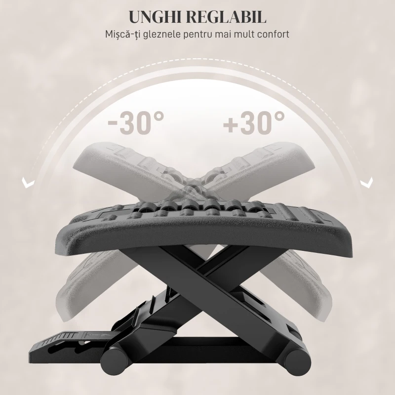 HOMCOM Suport Ergonomic pentru Picioare cu Role de Masaj, Antiderapant și Reglabil pe 3 Înălțimi, 46x35x17 cm, Negru