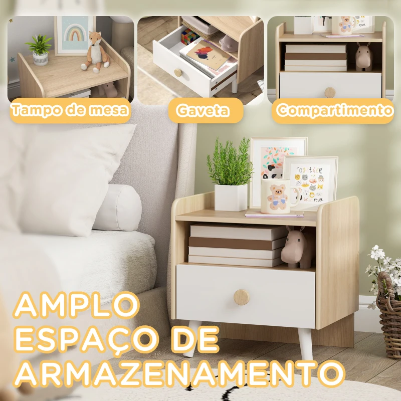 AIYAPLAY Mesa de Cabeceira Infantil de Madeira Mesa de Cabeceira para Crianças com Gaveta Bordas Redondas 40x32,5x40 cm Branco e Madeira