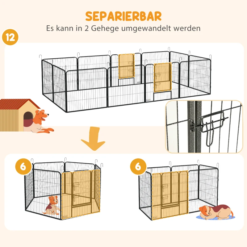 PawHut Puppyren, Huisdierenverblijf, 12 Panelen elk 80x80 cm, 2 Deuren, Stalen Frame, Grijs(m-7)