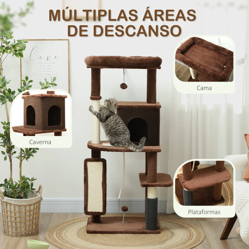 PawHut Arranhador para Gatos Grande Altura 132 cm com Plataformas Postes com Escova Bolas Suspensas e Almofadas para Arranhar Marrom