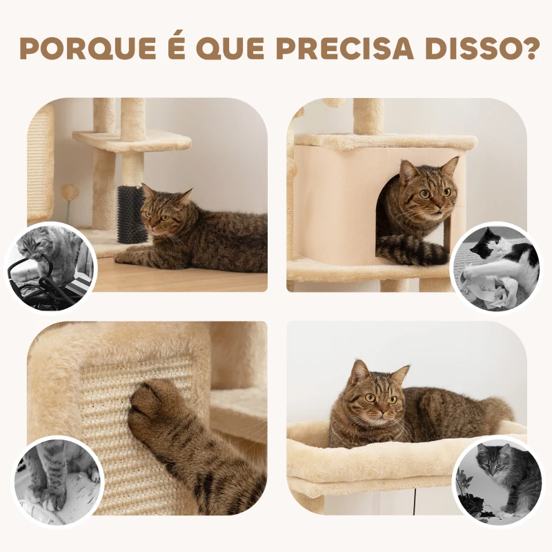 PawHut Arranhador para Gatos Grande Altura 104 cm com Plataformas Postes com Escova Bolas Suspensas e Almofadas para Arranhar Bege