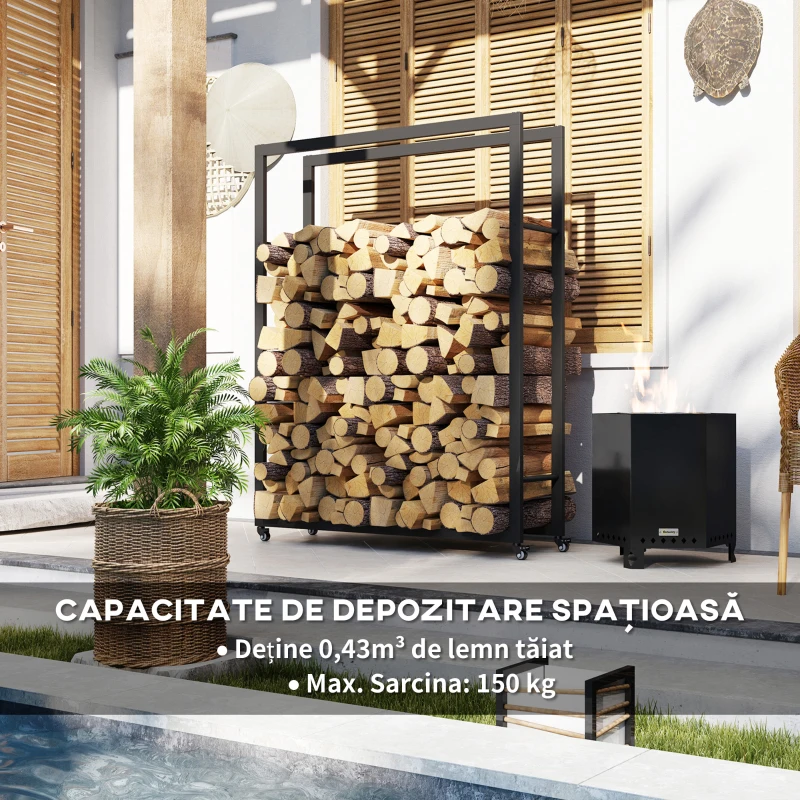 Outsunny Suport Portabil pentru Lemne cu Roți, Suport pentru Lemne din Metal Ranforsat, 120x32x151 cm, Negru