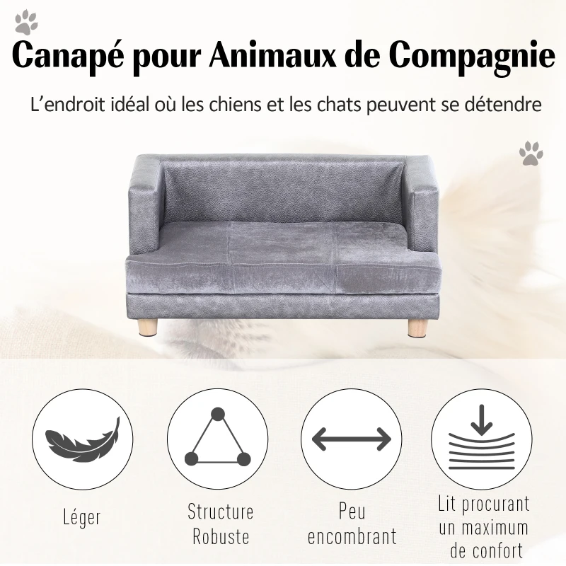 PawHut Canapé chien lit pour petits animaux chien chat avec accoudoirs coussin moelleux pieds bois massif dim. 68 x 41 x 32 cm revêtement synthétique gris