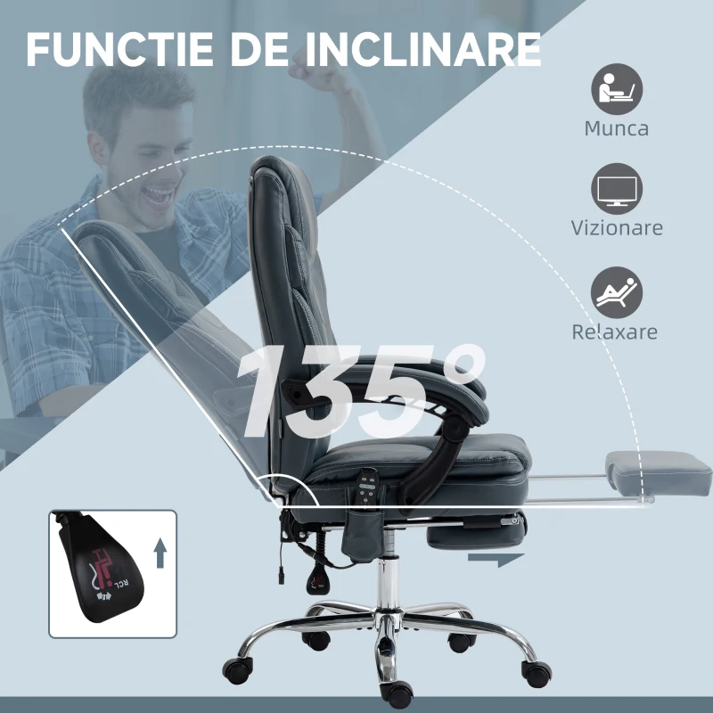 Vinsetto Scaun de Birou cu Masaj, Încălzire, Înălțime Reglabilă și Suport pentru Picioare, 67x67x113-121 cm, Gri(m-6)