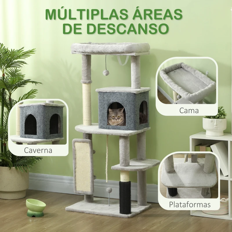PawHut Arranhador para Gatos Grande Altura 132 cm com Plataformas Postes com Escova Bolas Suspensas e Almofadas para Arranhar Cinza
