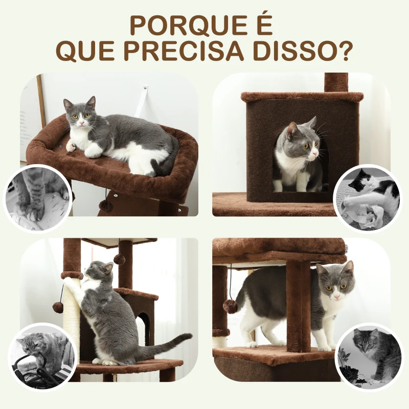 PawHut Arranhador para Gatos Grande Altura 132 cm com Plataformas Postes com Escova Bolas Suspensas e Almofadas para Arranhar Marrom