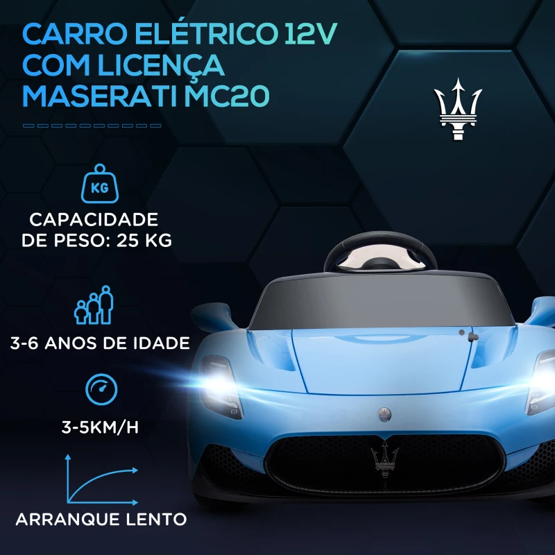 AIYAPLAY Carro Elétrico para Crianças com Licença Maserati MC20 com Bateria 12V Controlo Remoto Farois Buzina e Música 105x65,5x42 cm Azul