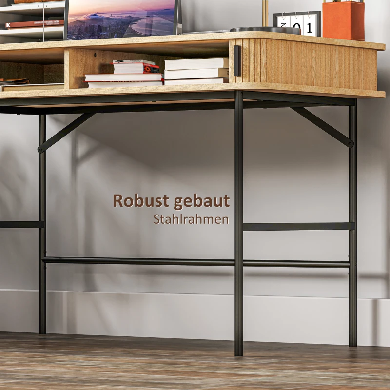 HOMCOM Biurko w stylu retro z dekorem lameli, przegródki do przechowywania, nogi ze stali, 120 x 60 x 76,5 cm, Dąb/Czarny