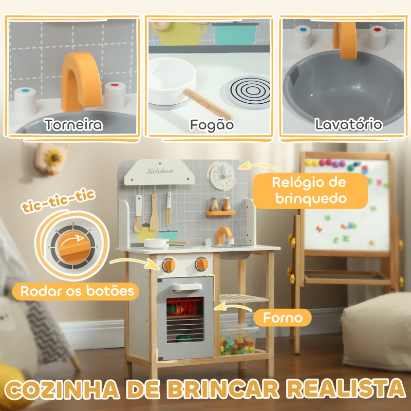 AIYAPLAY Cozinha de Brinquedo para Crianças Cozinha Infantil de Madeira com Sons e Acessórios de Cozinha 57x26x82 cm Multicor