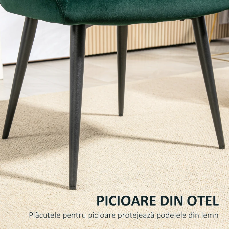 HOMCOM Fotoliu Relaxant din Catifea, Fotoliu cu Picioare din Oțel și Brațe Extinse, 58,5x59x78,5 cm, Verde Închis