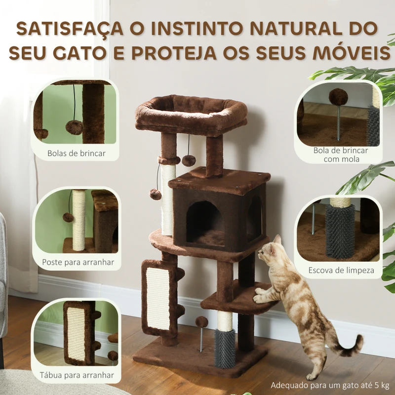 PawHut Arranhador para Gatos Grande Altura 104 cm com Plataformas Postes com Escova Bolas Suspensas e Almofadas para Arranhar Marrom
