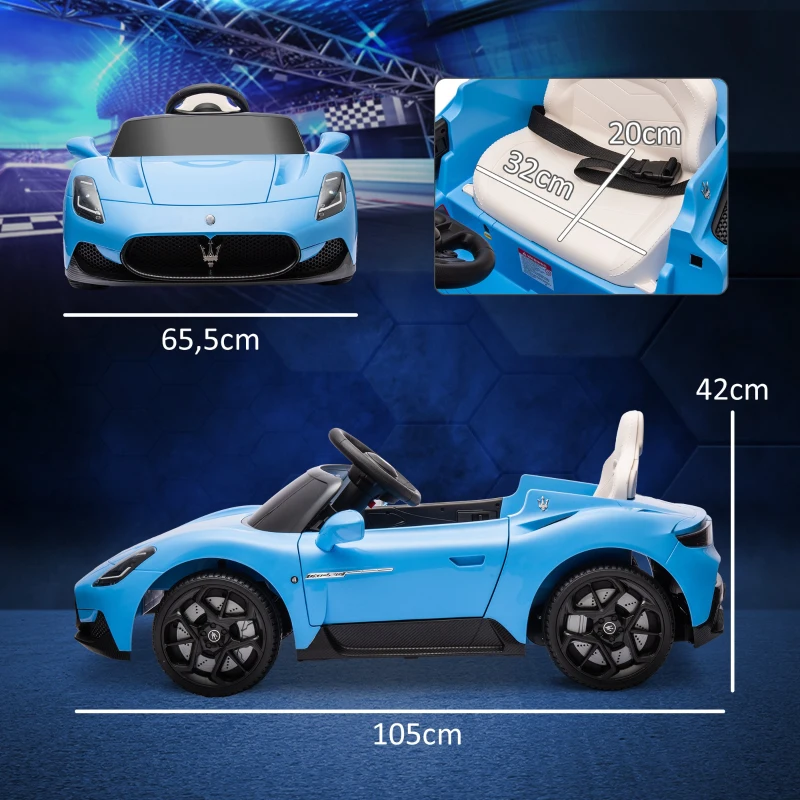 AIYAPLAY Carro Elétrico para Crianças com Licença Maserati MC20 com Bateria 12V Controlo Remoto Farois Buzina e Música 105x65,5x42 cm Azul