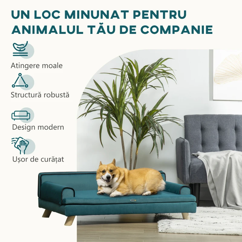 PawHut Canapea pentru Câini Căptușit, Culcuș pentru Câini cu Husă Detașabilă și Picioare din Lemn, 100x62x32 cm, Verde