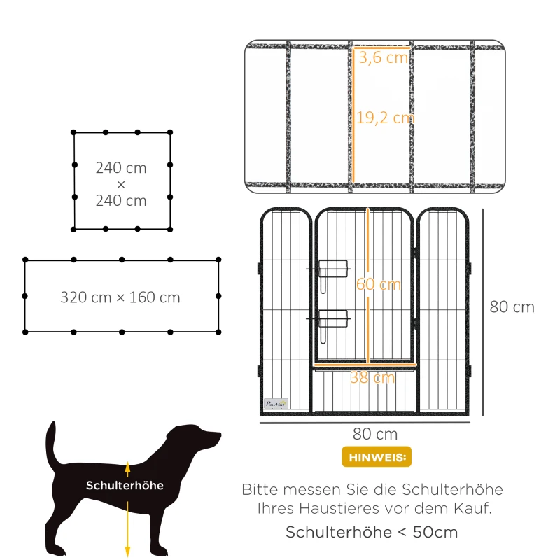 PawHut Puppyren, Huisdierenverblijf, 12 Panelen elk 80x80 cm, 2 Deuren, Stalen Frame, Grijs(m-3)
