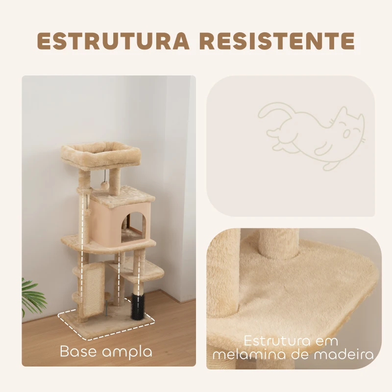 PawHut Arranhador para Gatos Grande Altura 104 cm com Plataformas Postes com Escova Bolas Suspensas e Almofadas para Arranhar Bege