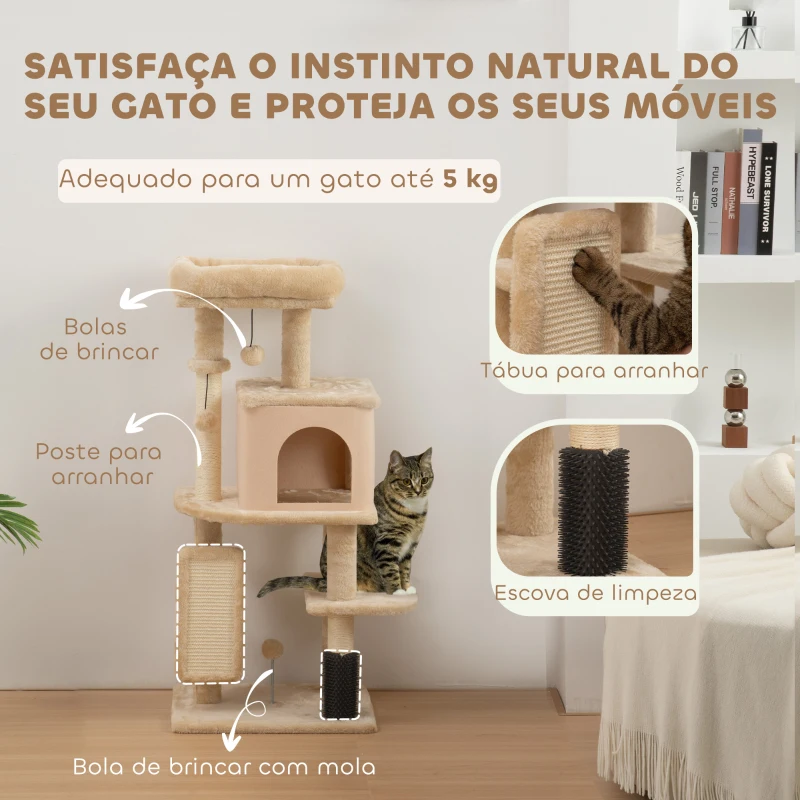 PawHut Arranhador para Gatos Grande Altura 104 cm com Plataformas Postes com Escova Bolas Suspensas e Almofadas para Arranhar Bege