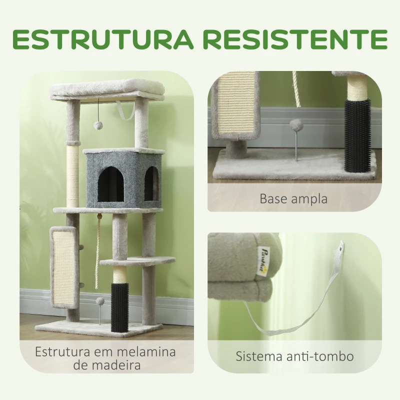 PawHut Arranhador para Gatos Grande Altura 132 cm com Plataformas Postes com Escova Bolas Suspensas e Almofadas para Arranhar Cinza