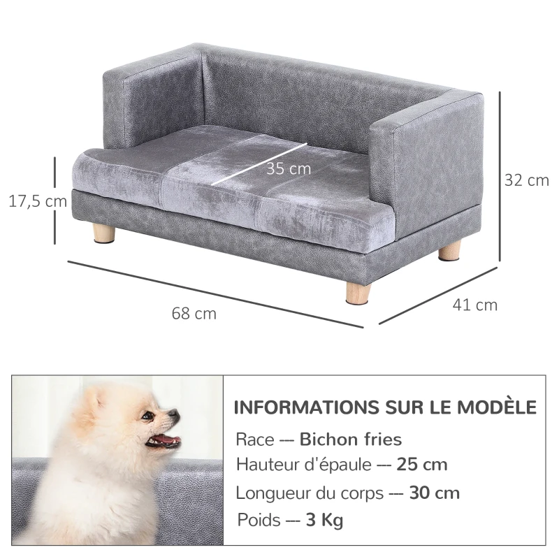 PawHut Canapé chien lit pour petits animaux chien chat avec accoudoirs coussin moelleux pieds bois massif dim. 68 x 41 x 32 cm revêtement synthétique gris