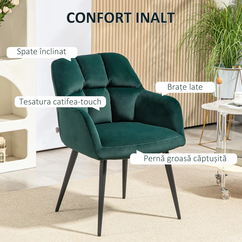HOMCOM Fotoliu Relaxant din Catifea, Fotoliu cu Picioare din Oțel și Brațe Extinse, 58,5x59x78,5 cm, Verde Închis