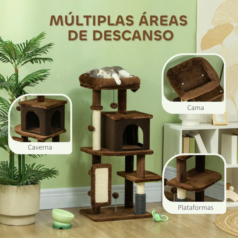 PawHut Arranhador para Gatos Grande Altura 104 cm com Plataformas Postes com Escova Bolas Suspensas e Almofadas para Arranhar Marrom