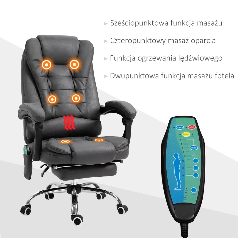 Vinsetto Fotel Biurowy z Funkcją Masażu, Ergonomiczny, 65x160x104cm, Szary