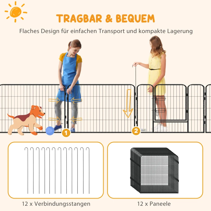 PawHut Puppyren, Huisdierenverblijf, 12 Panelen elk 80x80 cm, 2 Deuren, Stalen Frame, Grijs(m-6)