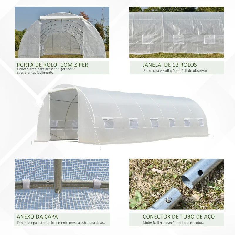 Outsunny Estufa Tipo Túnel 800x300x200cm com 12 Janelas e Porta Enrolável Cobertura de PE 140g/m² e Aço para Cultivo de Plantas Verduras Branco