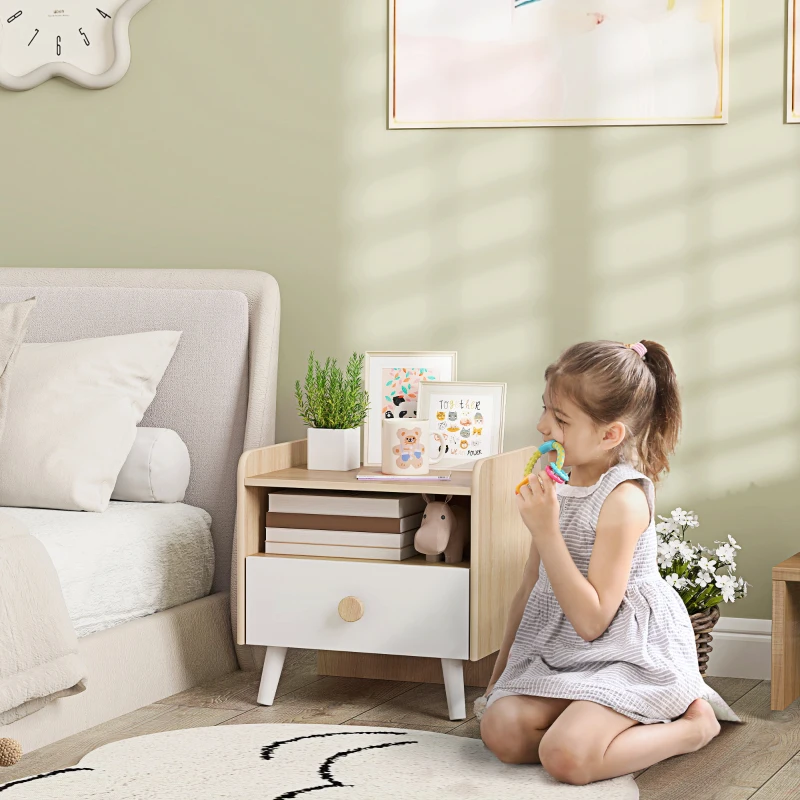AIYAPLAY Mesa de Cabeceira Infantil de Madeira Mesa de Cabeceira para Crianças com Gaveta Bordas Redondas 40x32,5x40 cm Branco e Madeira