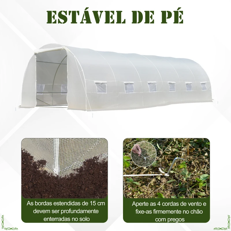 Outsunny Estufa Tipo Túnel 800x300x200cm com 12 Janelas e Porta Enrolável Cobertura de PE 140g/m² e Aço para Cultivo de Plantas Verduras Branco