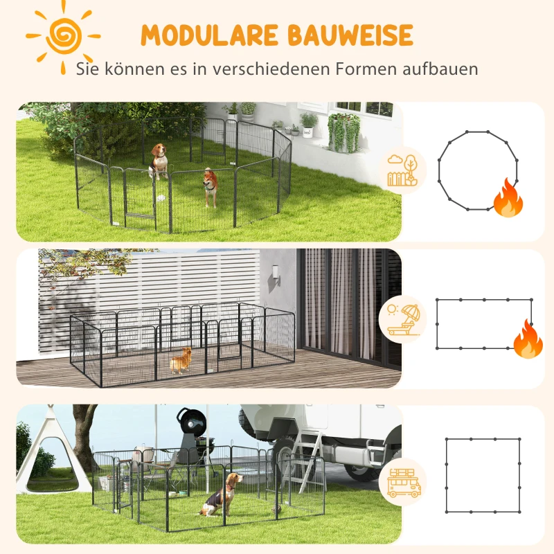 PawHut Puppyren, Huisdierenverblijf, 12 Panelen elk 80x80 cm, 2 Deuren, Stalen Frame, Grijs(m-4)