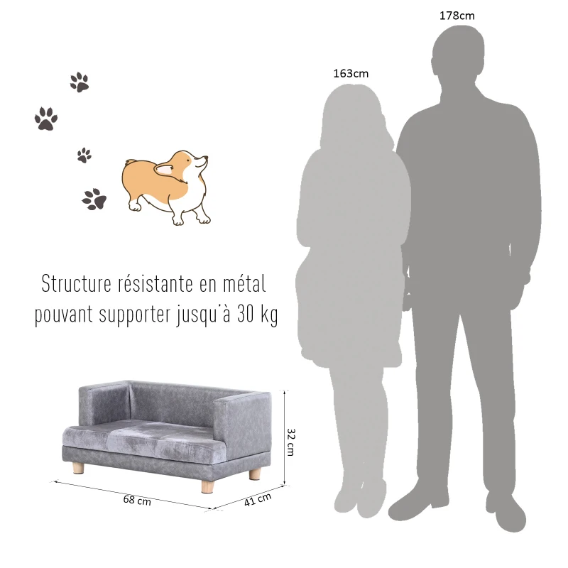 PawHut Canapé chien lit pour petits animaux chien chat avec accoudoirs coussin moelleux pieds bois massif dim. 68 x 41 x 32 cm revêtement synthétique gris
