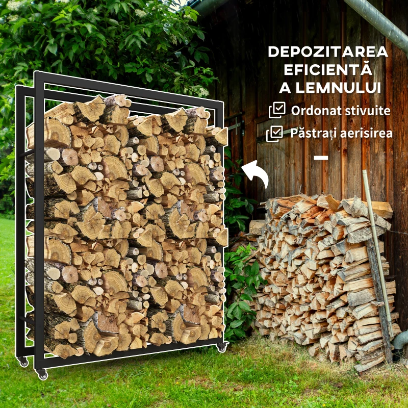 Outsunny Suport Portabil pentru Lemne cu Roți, Suport pentru Lemne din Metal Ranforsat, 120x32x151 cm, Negru