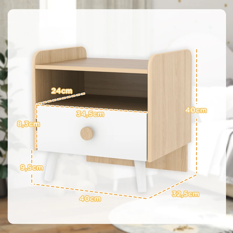 AIYAPLAY Mesa de Cabeceira Infantil de Madeira Mesa de Cabeceira para Crianças com Gaveta Bordas Redondas 40x32,5x40 cm Branco e Madeira