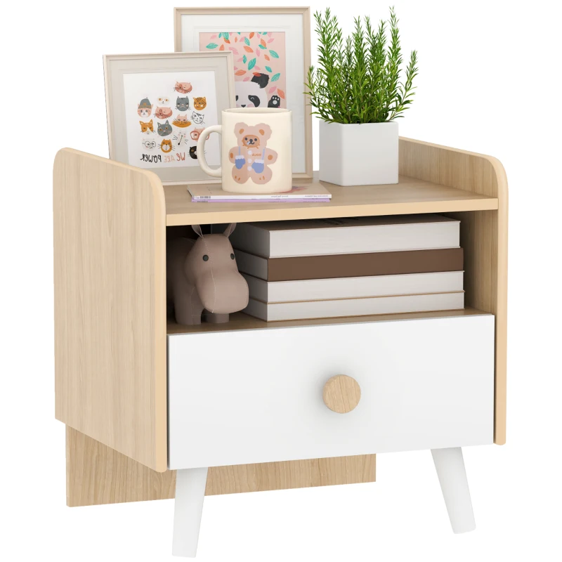 AIYAPLAY Mesa de Cabeceira Infantil de Madeira Mesa de Cabeceira para Crianças com Gaveta Bordas Redondas 40x32,5x40 cm Branco e Madeira