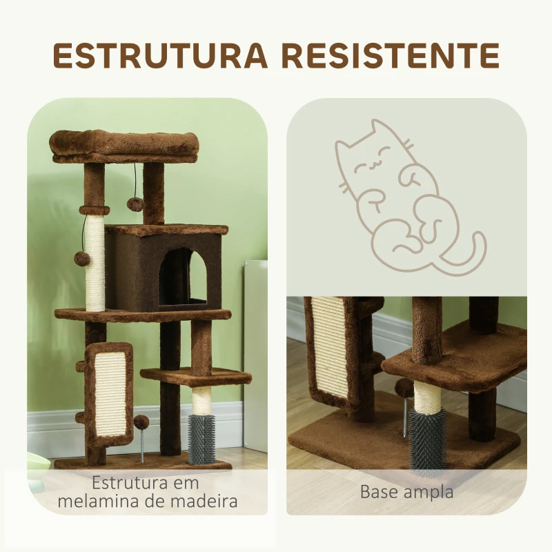PawHut Arranhador para Gatos Grande Altura 104 cm com Plataformas Postes com Escova Bolas Suspensas e Almofadas para Arranhar Marrom
