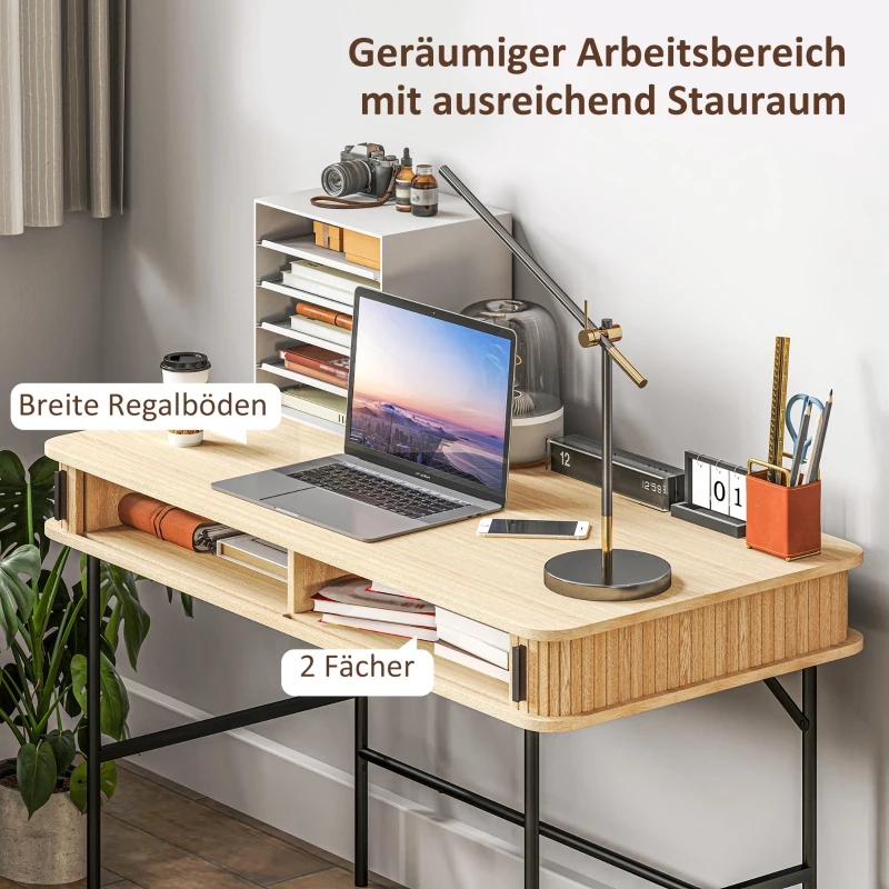 HOMCOM Biurko w stylu retro z dekorem lameli, przegródki do przechowywania, nogi ze stali, 120 x 60 x 76,5 cm, Dąb/Czarny