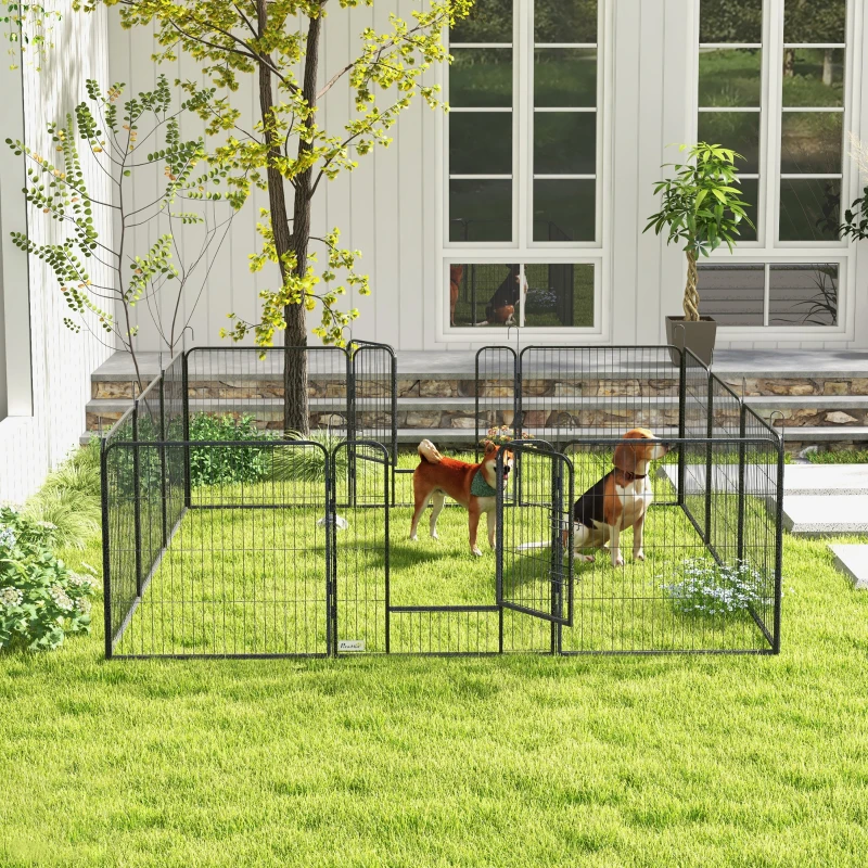 PawHut Puppyren, Huisdierenverblijf, 12 Panelen elk 80x80 cm, 2 Deuren, Stalen Frame, Grijs(m-8)