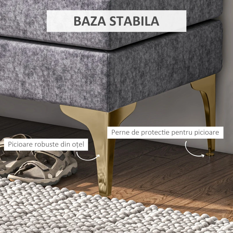 HOMCOM Bancă pentru Pat de Dormitor cu 2 Niveluri, Bancă din Material de Catifea și Oțel, 121x50,5x46,5 cm, Gri Închis