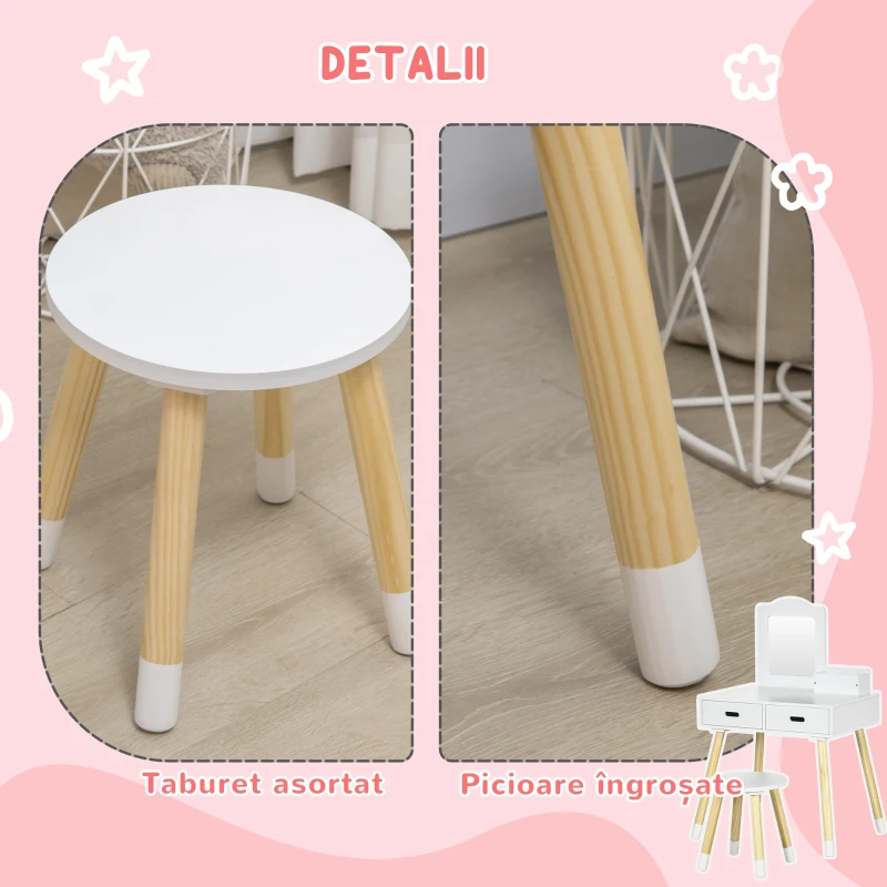 ZONEKIZ Set Toaletă pentru Copii din Lemn, Masă de Machiaj cu Oglindă, 2 Sertare și Scăunel, 60x40x95 cm, Alb