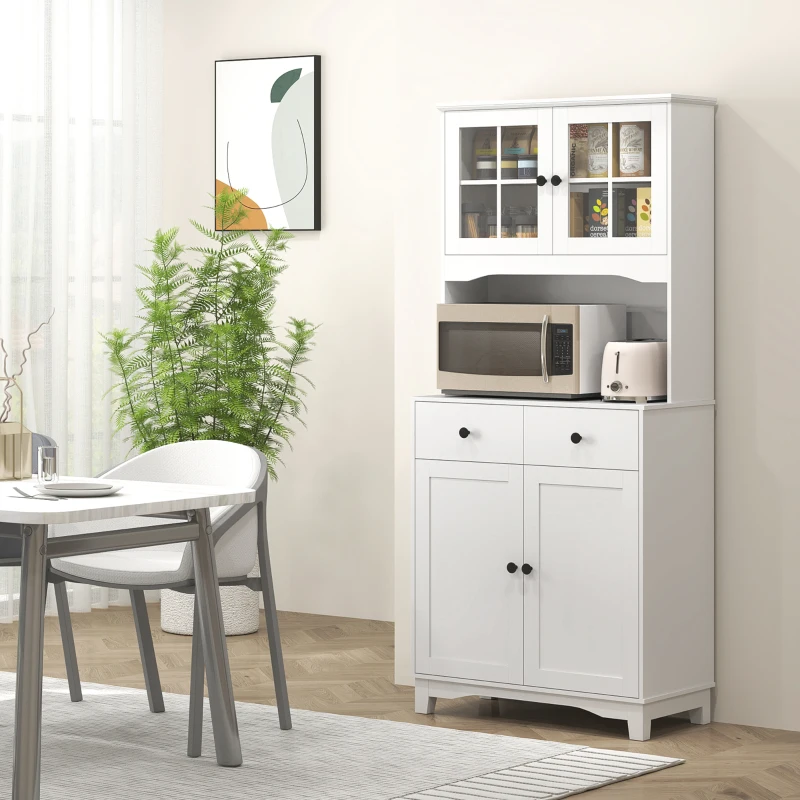 HOMCOM Vrijstaande Keukenkast met Werkblad voor Magnetron, Koffiezetapparaat, Kasten, Glazen Deuren, Wit(m-2)