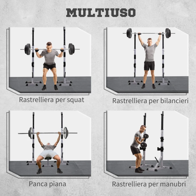 HOMCOM Set 2 Supporti Bilanciere in Acciaio con 3 Ganci, Altezza Regolabile e Portata 200kg, Argento e Nero