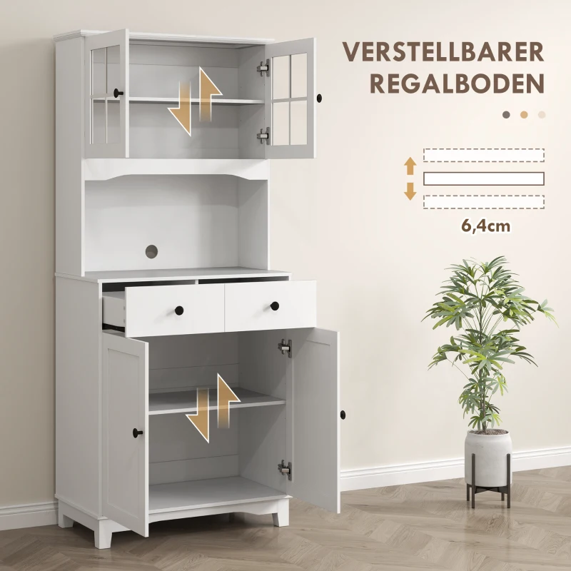 HOMCOM Vrijstaande Keukenkast met Werkblad voor Magnetron, Koffiezetapparaat, Kasten, Glazen Deuren, Wit(m-6)